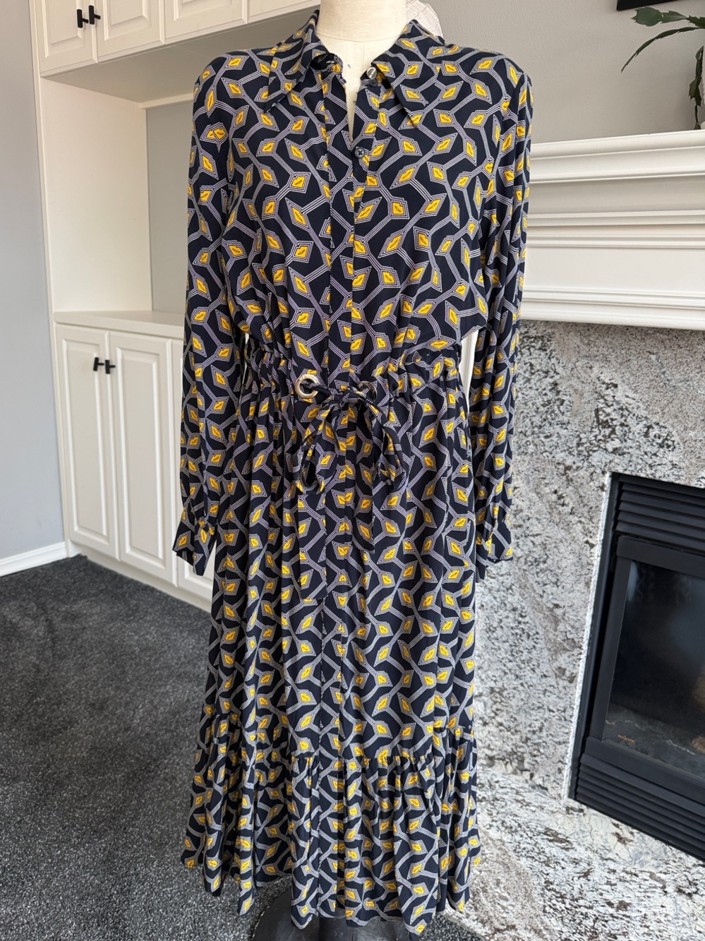 Ted Baker London Navy Midi Dress with Yellow Geometric Motif